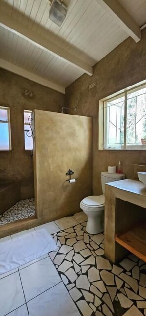 A bathroom with a shower, toilet, and sink. - Old Vic Travellers Inn (Mbombela)