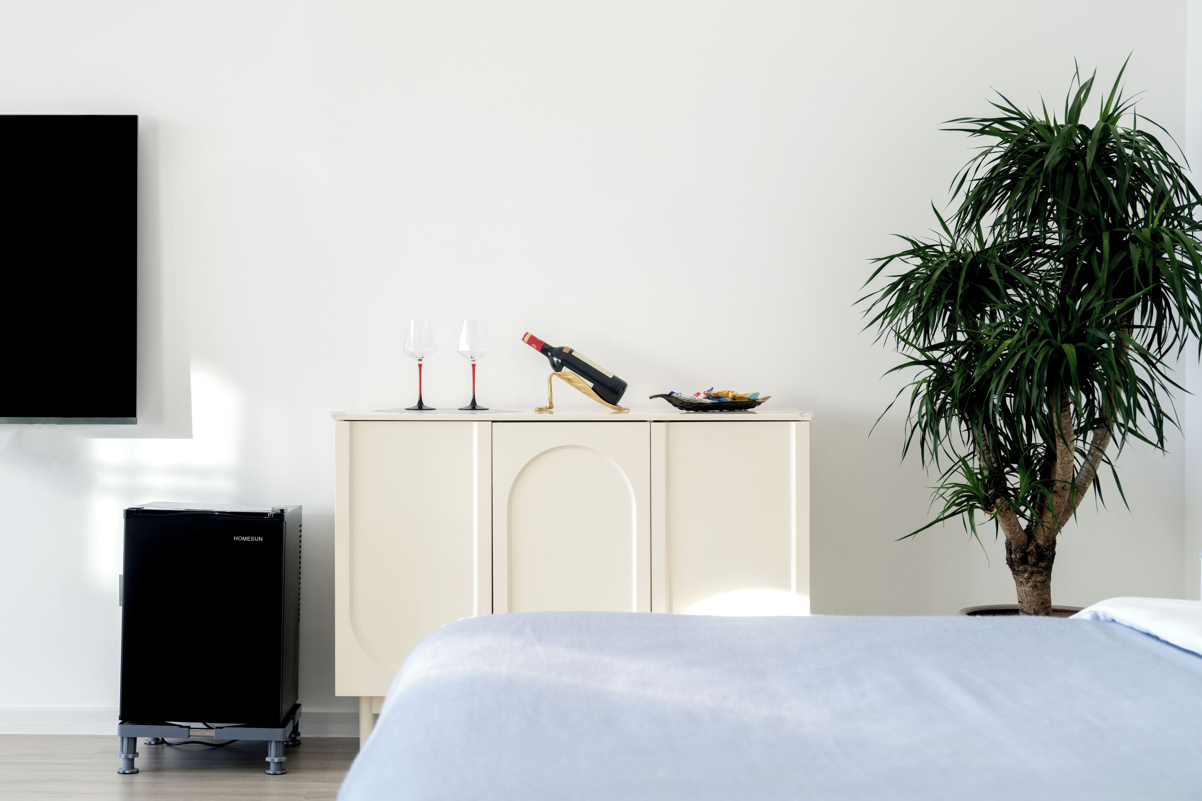 A bedroom with a bed, a TV mounted on the wall, a small cabinet, a potted plant, and a compact refrigerator.
