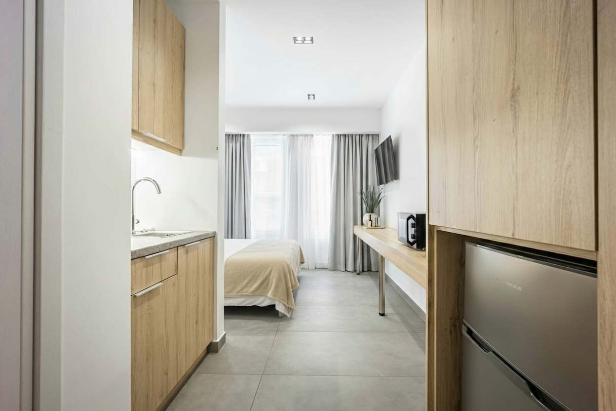 A compact hotel room with a kitchenette, a bed, a TV, and a small table.