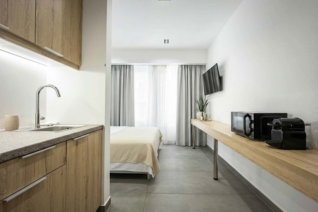 Een moderne hotelkamer met kitchenette, een bed, een aan de muur bevestigde televisie en een raam met gordijnen.