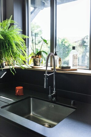Une cuisine avec un évier en acier inoxydable, un robinet, une tasse rouge et une fenêtre ornée de plantes.