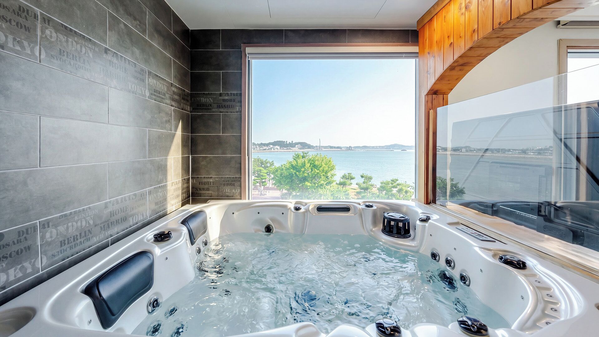 A modern bathroom with a large bathtub, a window with a view of a body of water and a distant cityscape, and dark tiled walls.