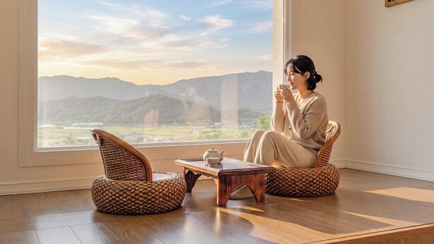A room with a large window, a wooden floor, and a person sitting on a chair. - Gyeongju The Glamping Pool Villa (Gyeongju)