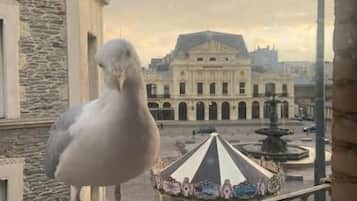 Un pigeon perché sur la rambarde d’un balcon, avec en arrière-plan un bâtiment historique et une fontaine.