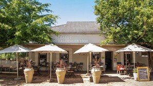 An outdoor seating area with tables and chairs, umbrellas, and potted plants.