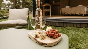 A bottle of B.A.C.O.N. wine, two glasses, a wooden board with a wrapped item and grapes, and a chair in an outdoor setting. - Holiday Home in Wilsum With Hottub (Wilsum)