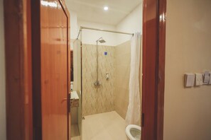 Une salle de bain avec douche, toilettes et porte en bois.