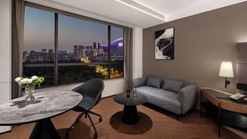 Desk, laptop workspace, blackout drapes, soundproofing