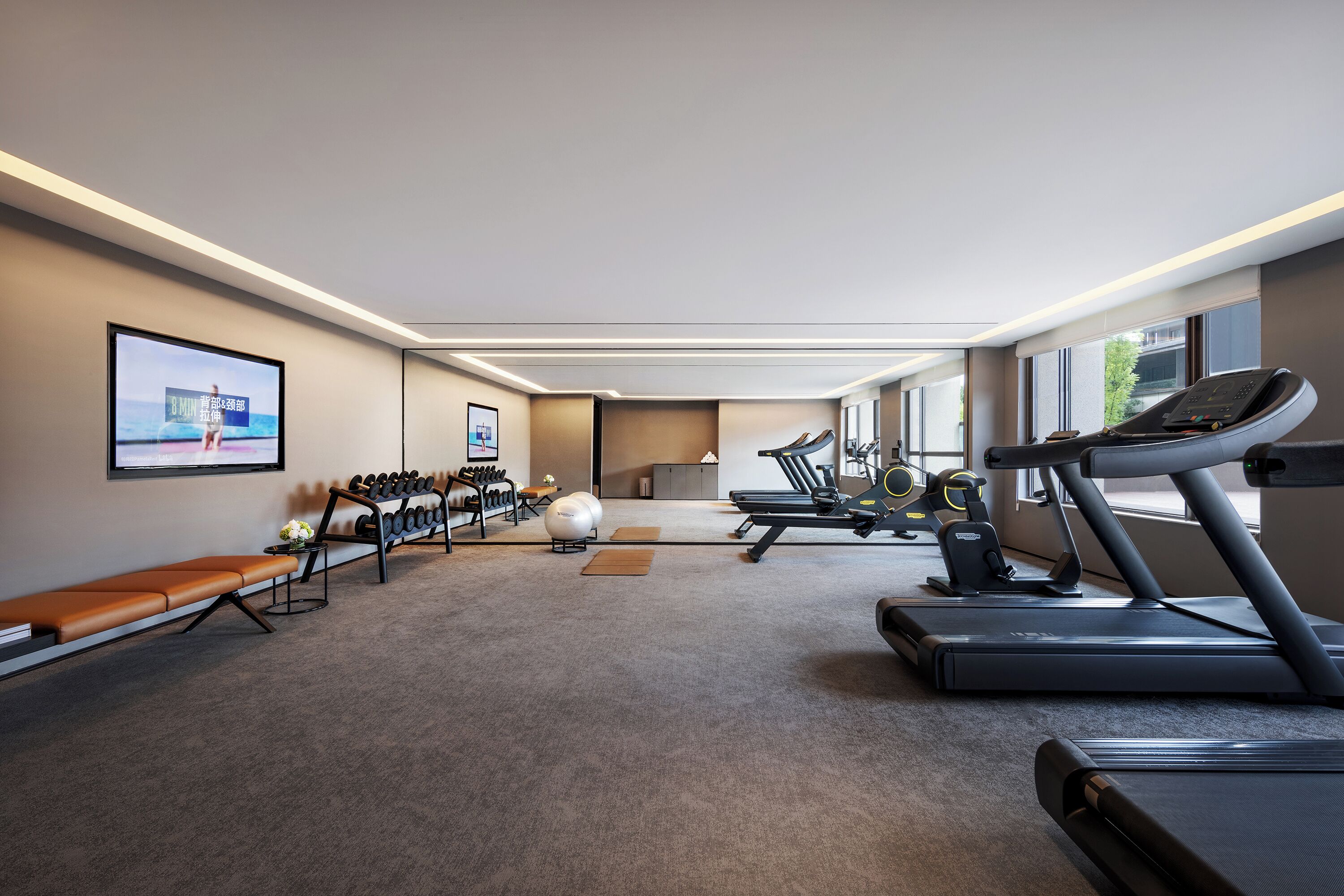 A gym with treadmills, exercise balls, and a bench.