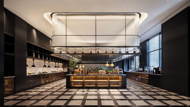 A modern kitchen with a central island, pendant lighting, and a checkered floor. - Intercity Hotel Chengdu High tech Center (Chengdu)