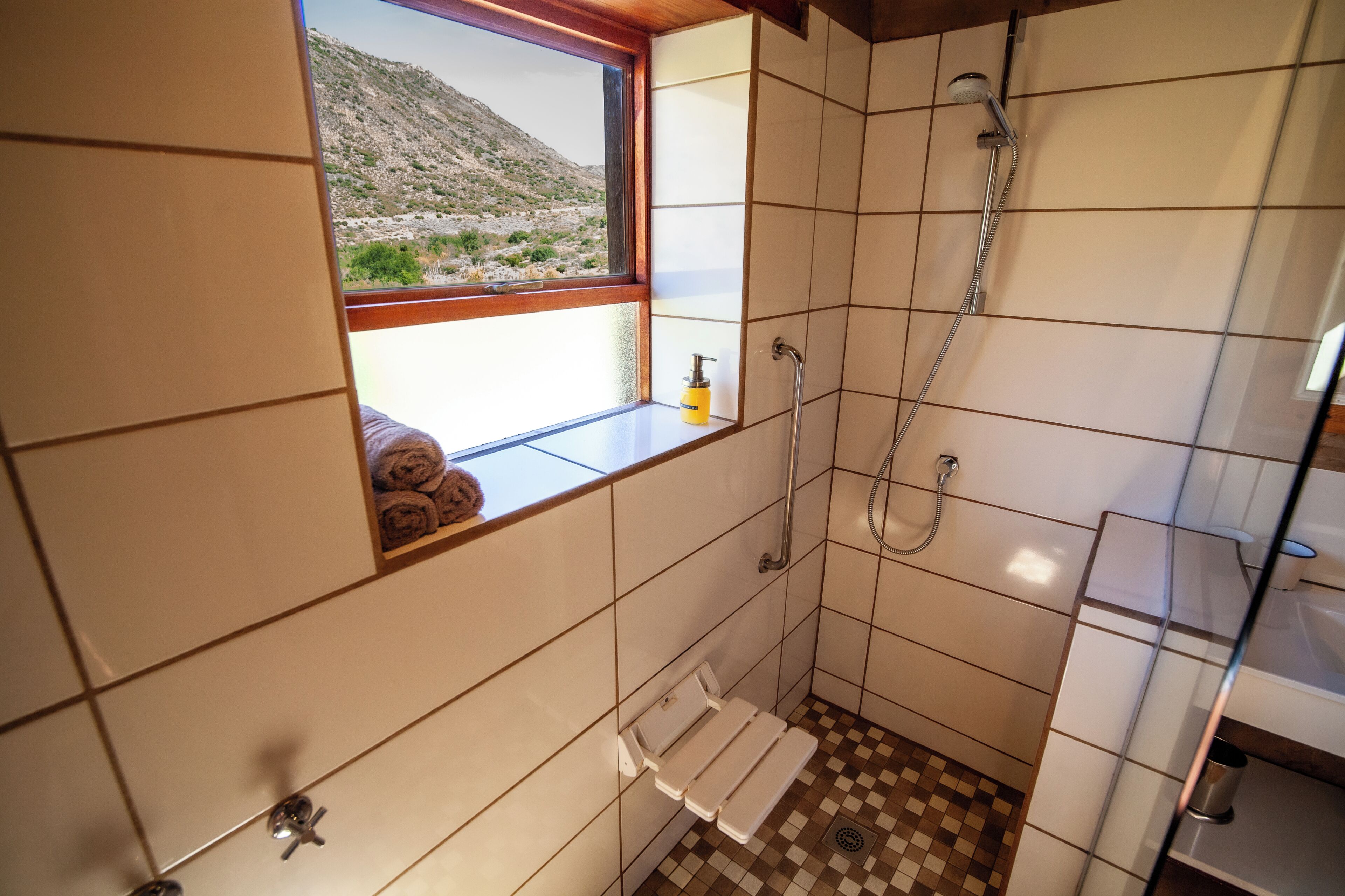 A bathroom with a shower, a window with a view of a mountainous landscape, and a towel rack with towels.