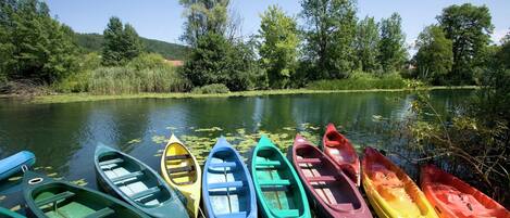 A row of colorful kayaks docked at a calm river with lush greenery in the background.