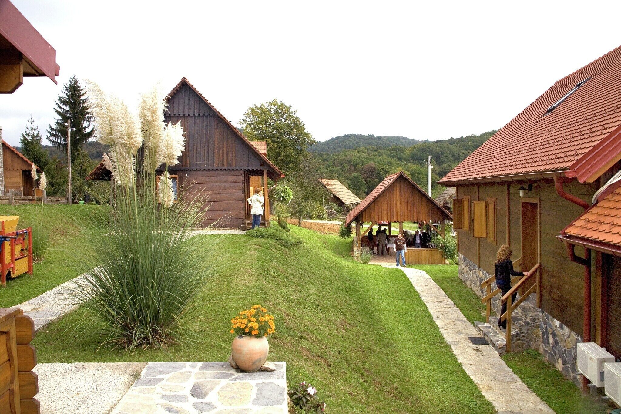 Un cadre rural avec des cabanes en bois, un sentier de pierres et une colline couverte d’herbe.