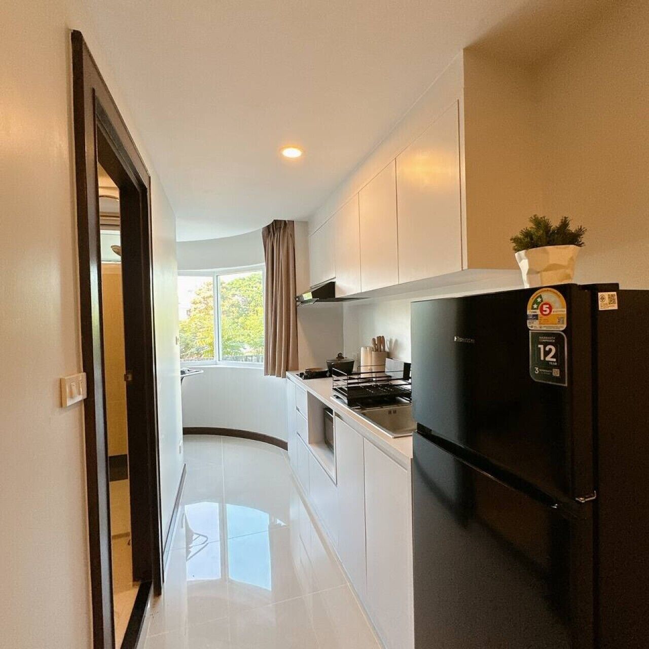 Fridge, microwave, dining tables