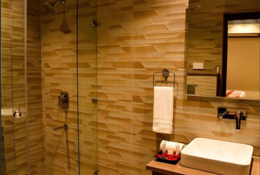 Shower, towels, soap, shampoo