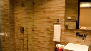 Shower, towels, soap, shampoo