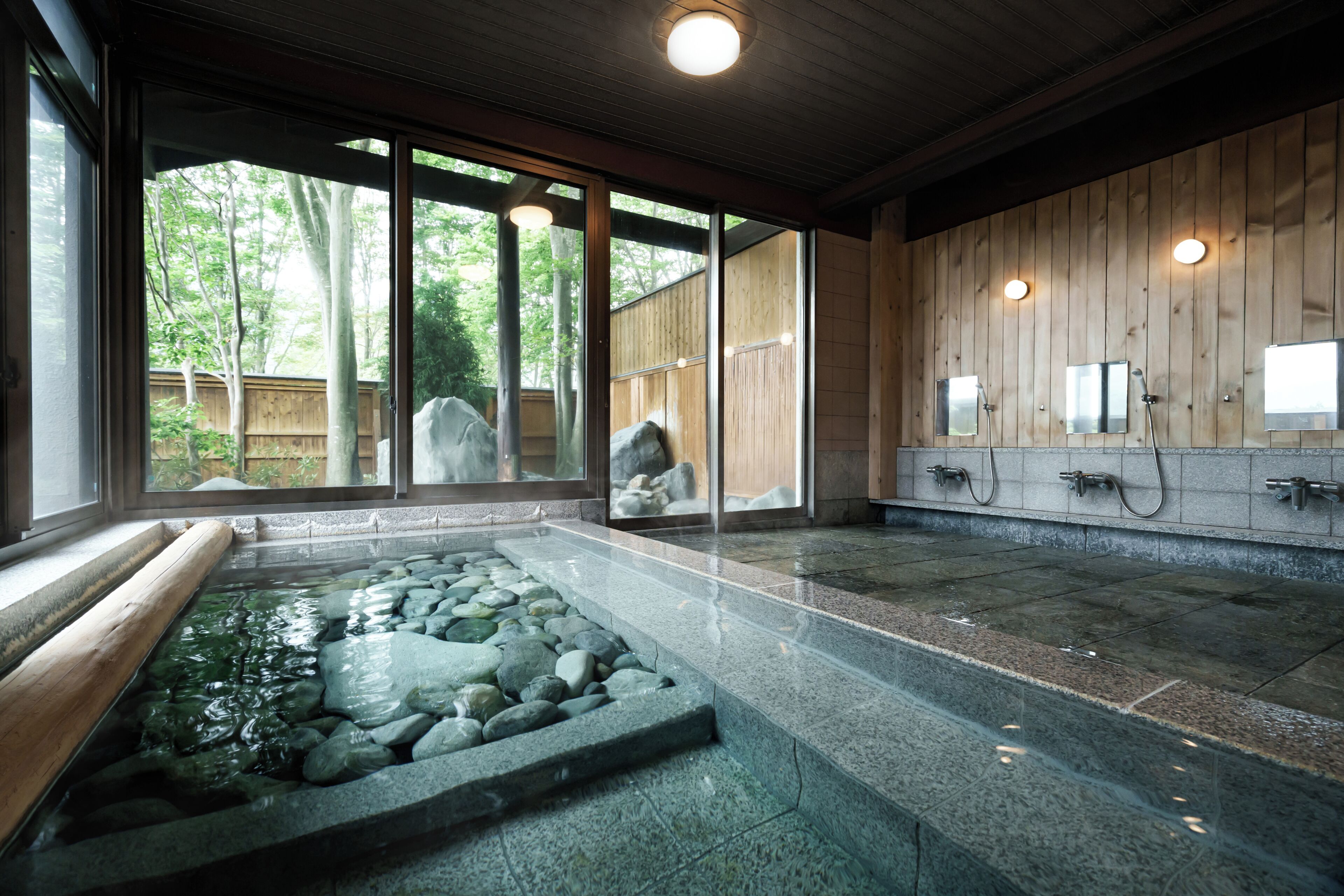 A spa area with a stone hot tub, wooden walls, and a view of trees.