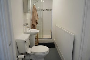 Ein Badezimmer mit Toilette, Waschbecken und Dusche.