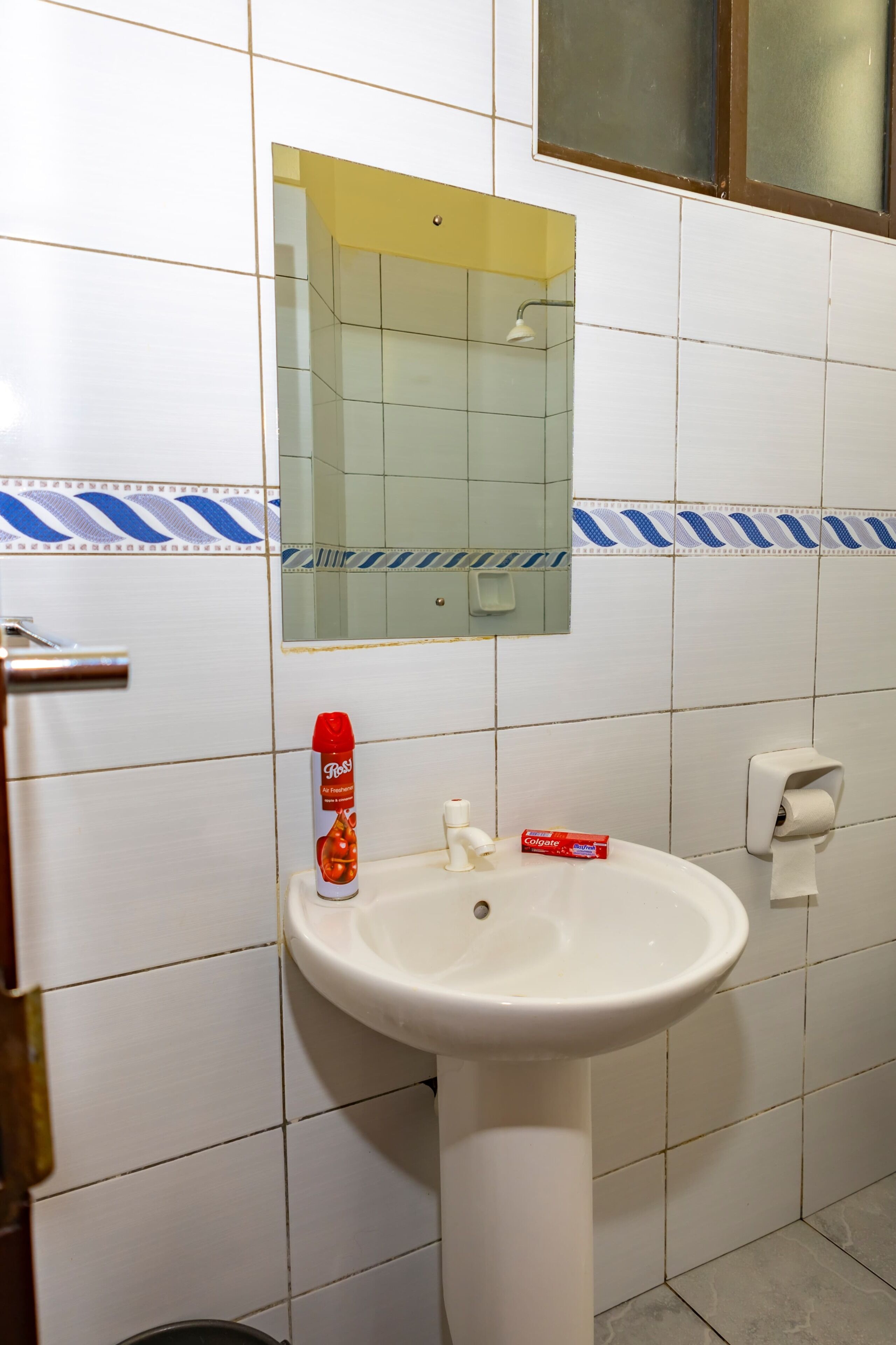 Shower, towels, soap, toilet paper