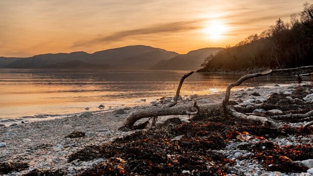 Een uitzicht op een meer bij zonsondergang, met bergen op de achtergrond en een rotsachtige oever met drijfhout.