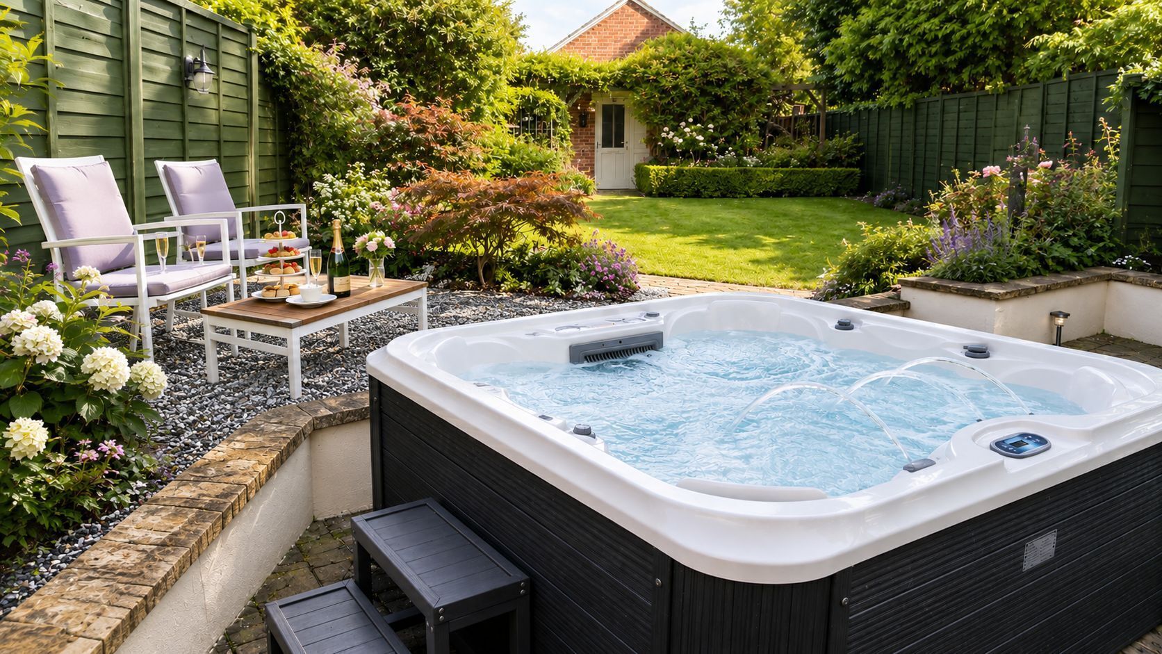 Un jacuzzi en un jardín con sillas y una mesa.