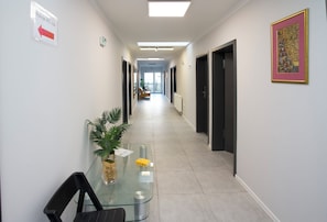 A hallway with a glass table, chairs, a potted plant, and a framed artwork on the wall.