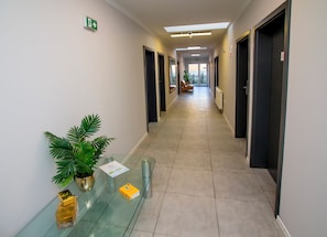 Un pasillo con una mesa de recepción, una planta y una silla.