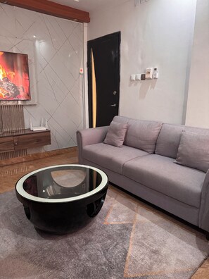 A modern living room with a sofa, a coffee table, a TV, and a fireplace. - 5 minutes from downtown Kinshasa. Small, chic, modern apartment 2. (Kinshasa)