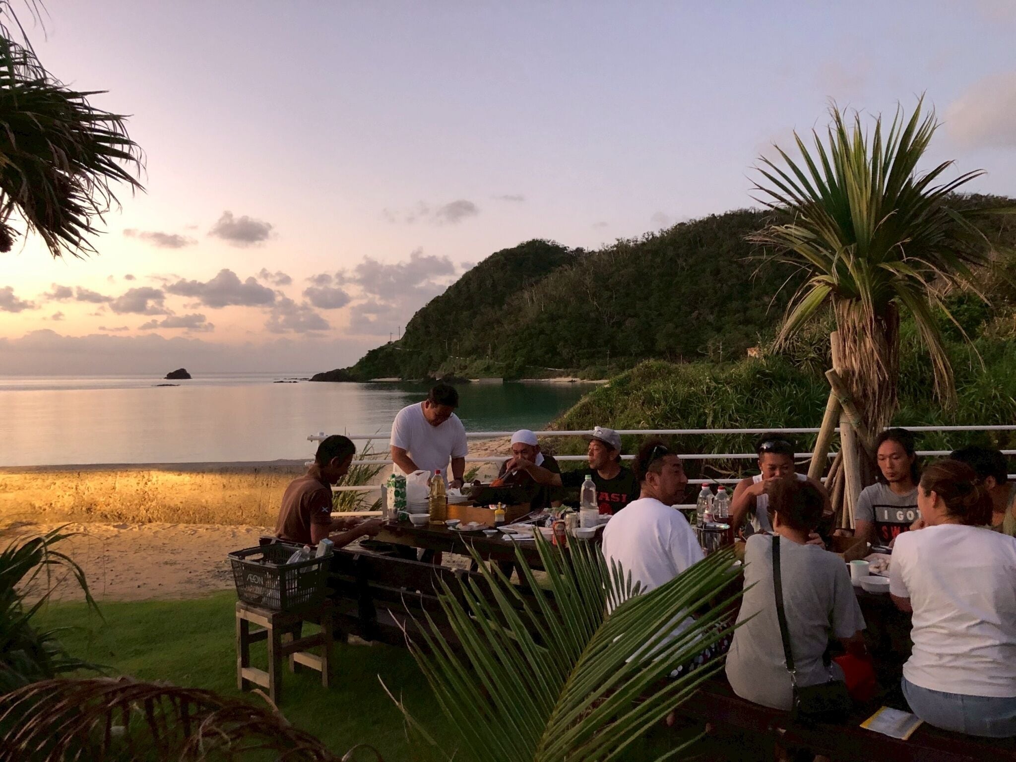 A group of people dining at an outdoor table with a view of the sea and a hillside.