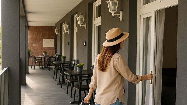 A person with a suitcase on a wooden deck, approaching a sliding glass door. - Sanssouci Holiday Apartment 13 (Bad Kissingen)