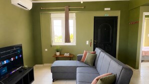 Una sala de estar con un sofá gris, un televisor de pantalla plana, una mesita con una planta y una ventana con cortinas.