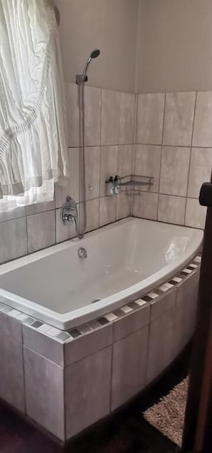 Une salle de bain avec une baignoire sur pieds, une pomme de douche et un porte-serviettes.