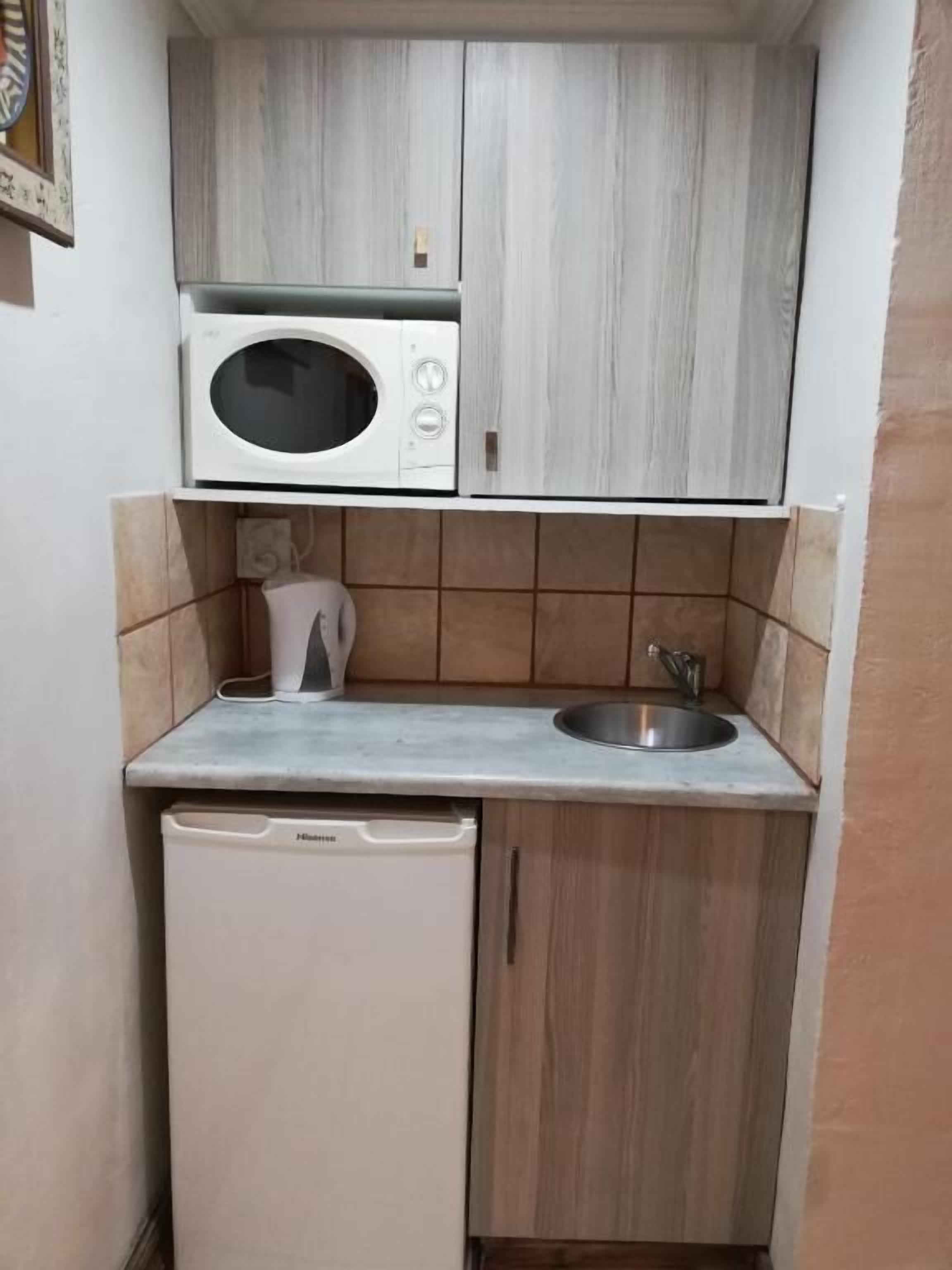 A compact kitchen with a microwave, sink, and a small refrigerator.