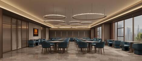 A modern conference room with multiple tables and chairs, large windows, and a city view.