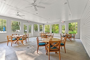 Eine überdachte Terrasse mit Holztischen und -stühlen, Deckenventilatoren und großen Fenstern.