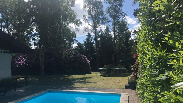 En rektangulär swimmingpool med klart blått vatten, omgiven av en betongplattform.