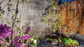 A garden with stone pathways, a wooden fence, and flowering plants.