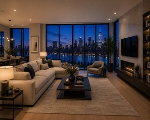 Una sala de estar moderna con sofá, sillón, mesa de centro y chimenea.