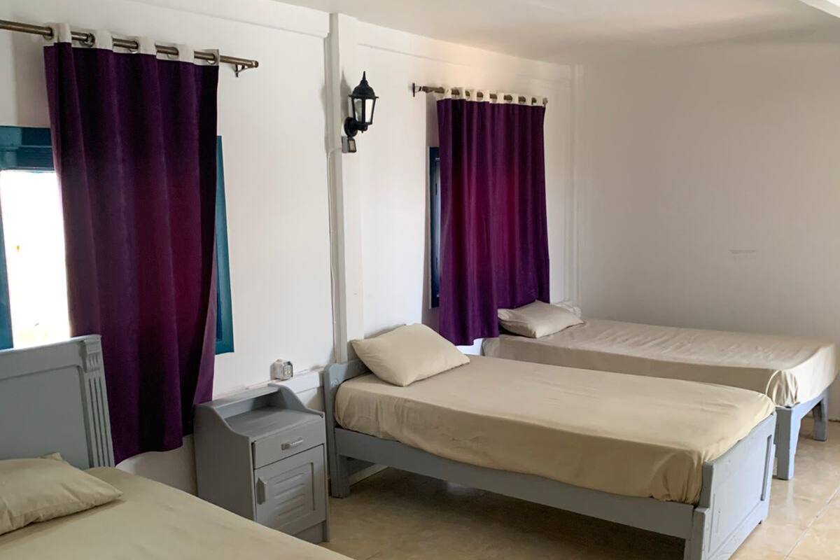 A room with three single beds, a nightstand, a lamp, and purple curtains.