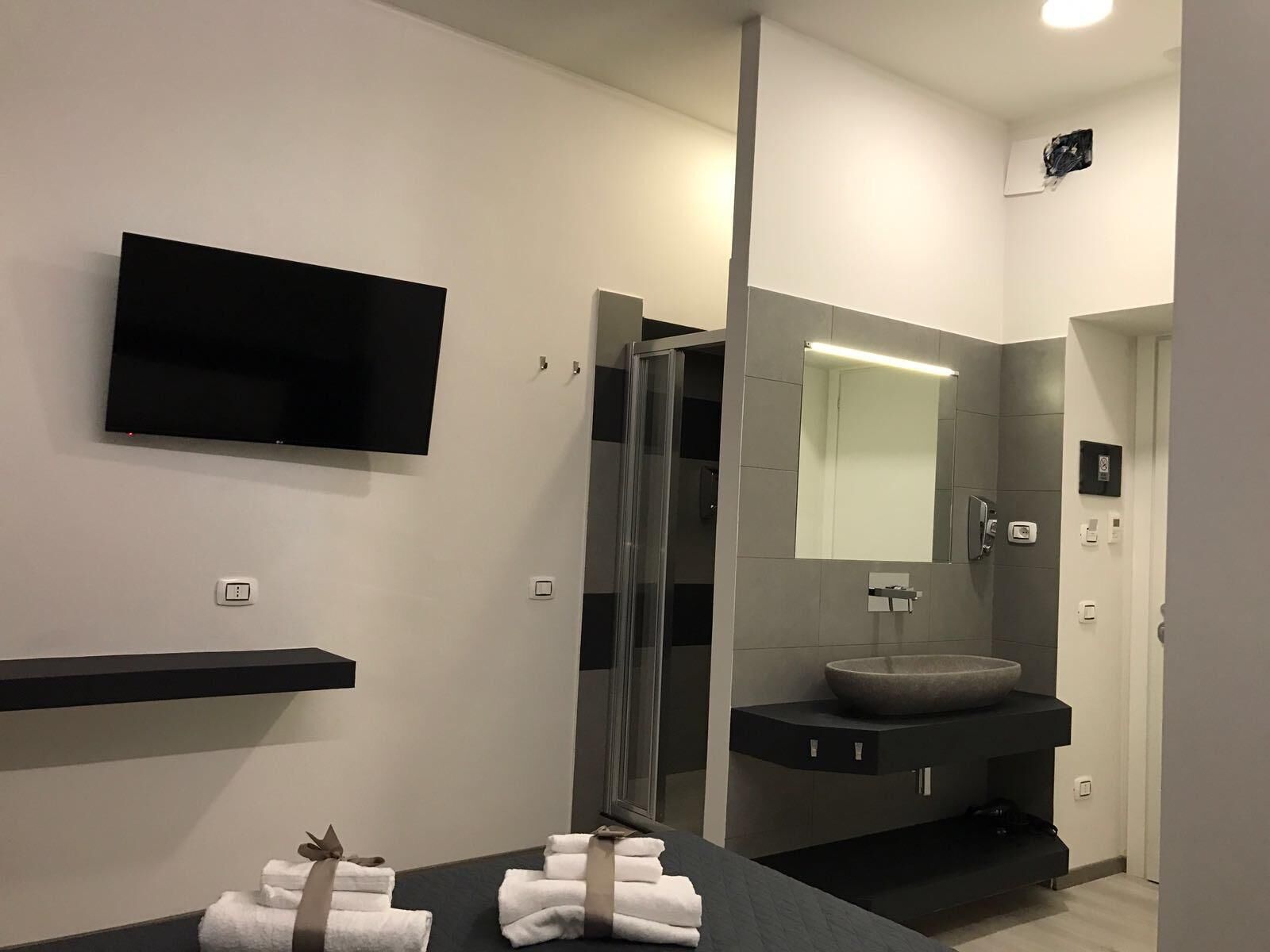 A modern bathroom with a flat-screen TV, a glass shower enclosure, a large mirror, and a dark countertop.
