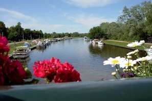 Ein Kanal mit angestaubten Booten, umgeben von viel Grün.