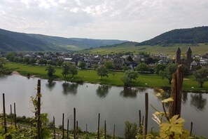 A riverside town with a prominent church tower, lush green hills, and a calm river. - Premium Winery Leo Klaus (Ernst)