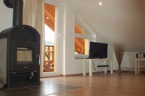A room with a wood stove, a television, and a view of the outdoors.