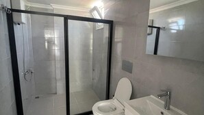 Et moderne badeværelse med en brusekabine i glas, toilet og håndvask med et spejl over.