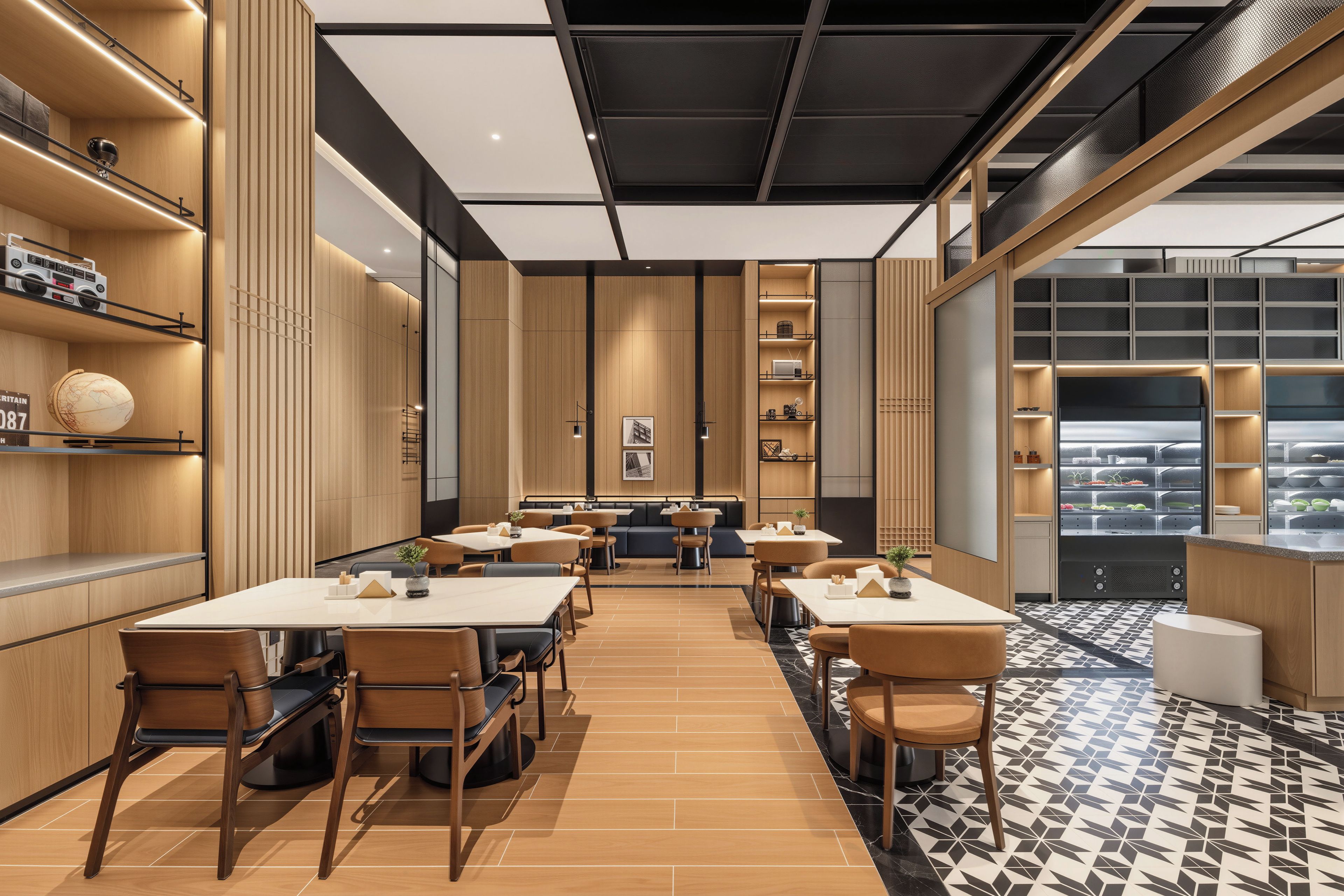 A modern restaurant interior with wooden paneling, multiple dining tables, and a patterned floor.