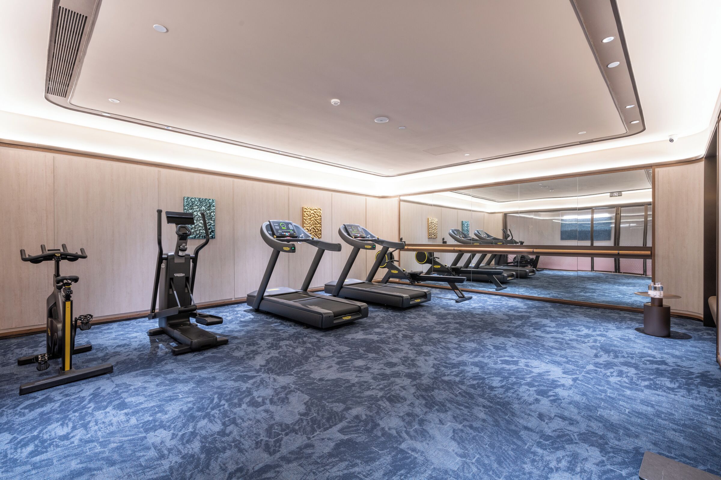 Habitación de hotel con un espejo grande, equipo de ejercicio que incluye una cinta de correr y una elíptica, y piso cubierto de alfombra azul.