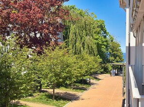 A paved pathway lined with trees, a building with a white facade, and a clear blue sky. - Vacation apartment in a central and quiet location - Ferienwohnung Jasmund (Ostseebad Göhren)