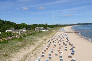 A beach with rows of beach chairs and umbrellas, a sandy shore, and a forested area with buildings in the background. - Vacation apartment in a central and quiet location - Ferienwohnung Jasmund (Ostseebad Göhren)