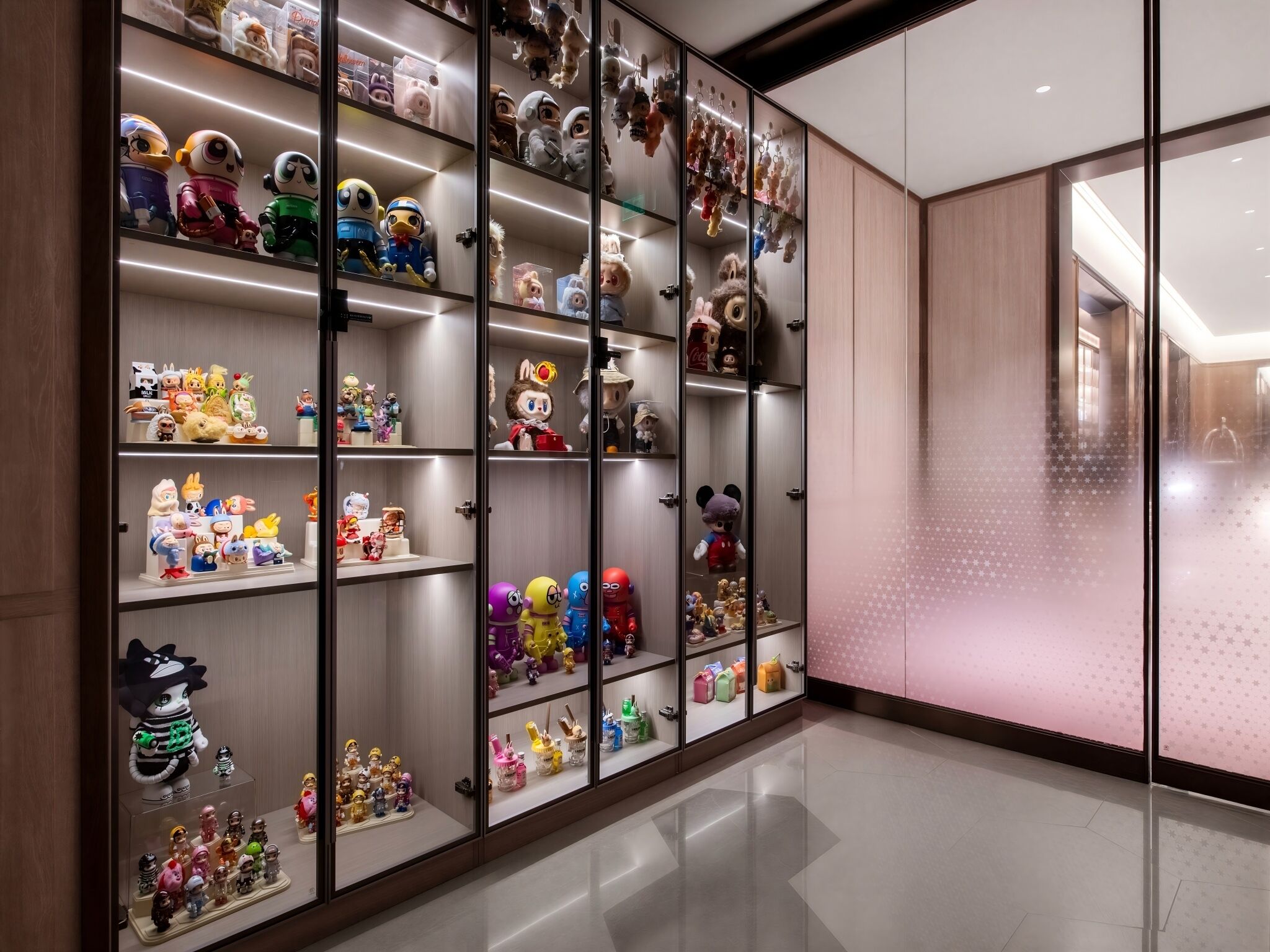 A large display of various plush toys and figurines in a well-lit room with a polished floor.