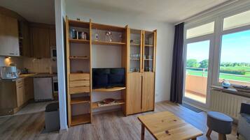 Ein kompakter Wohnbereich mit einer Küchenzeile, einem Fernseher, einer Holzvitrine und Blick durch ein großes Fenster.